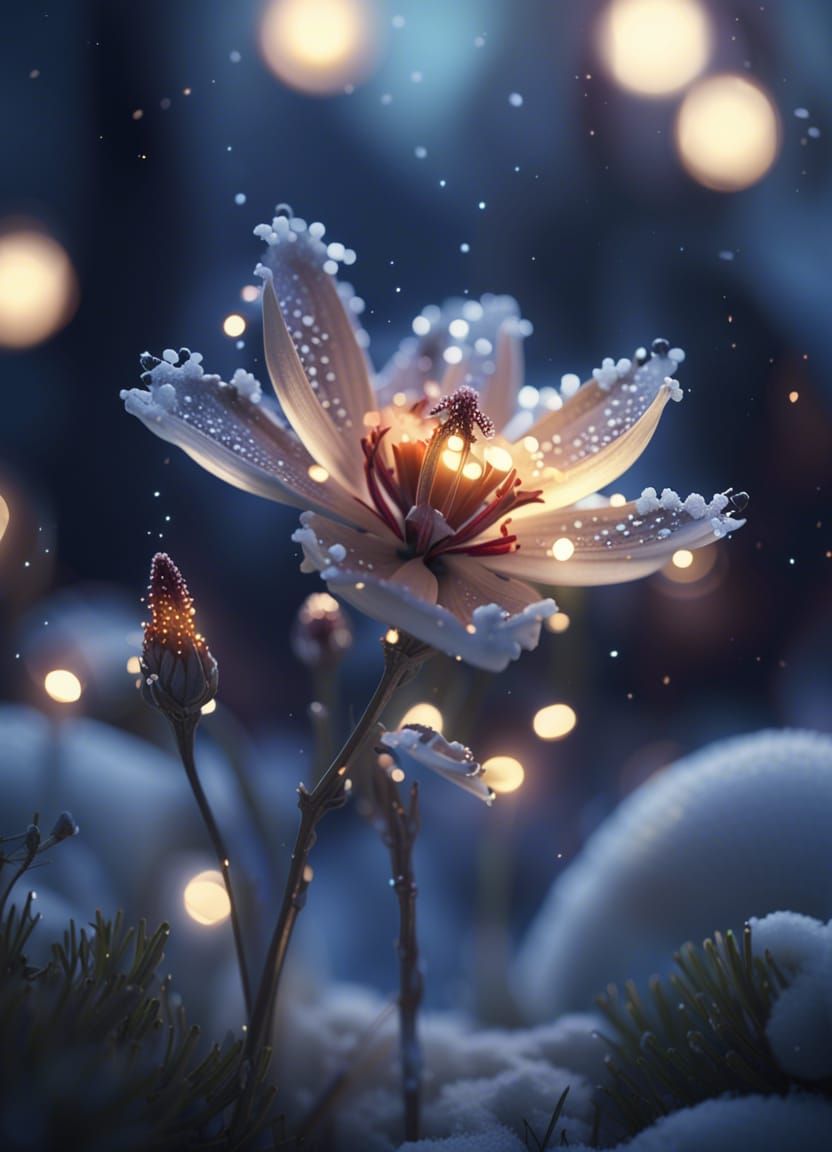 Fantasy Flower in Snow: Hyperrealistic Nightfall Scene
