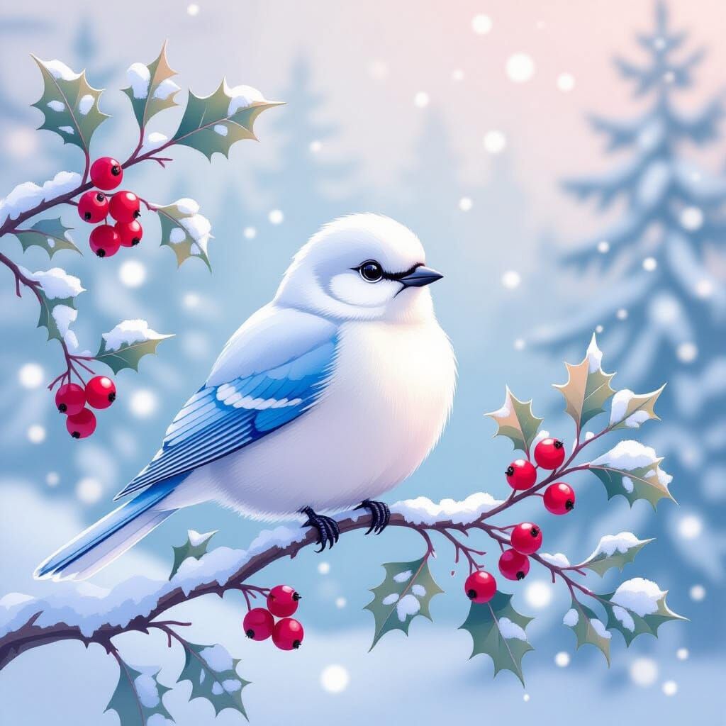 Plump Bird on Snowy Branch in Pastel Winter Scene