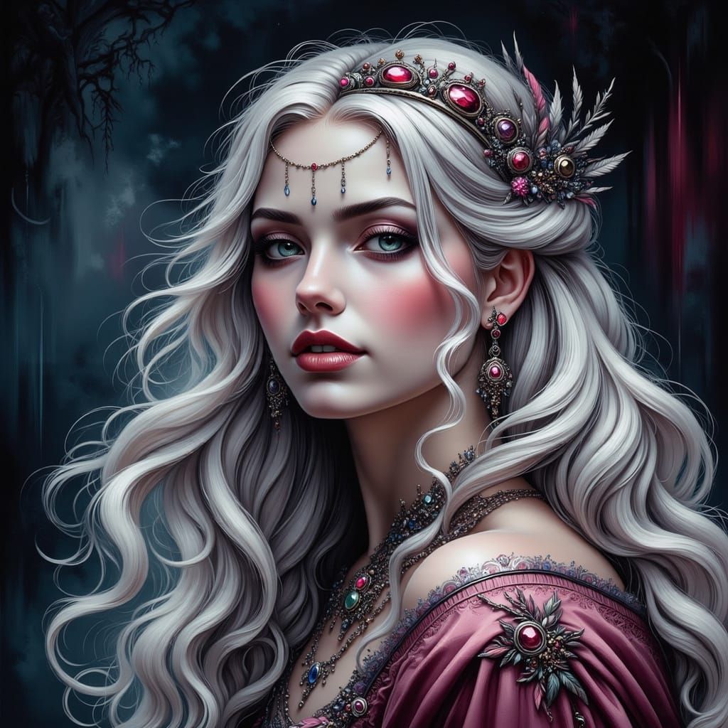 Ethereal Norse Goddess in Gothic Watercolor Portrait