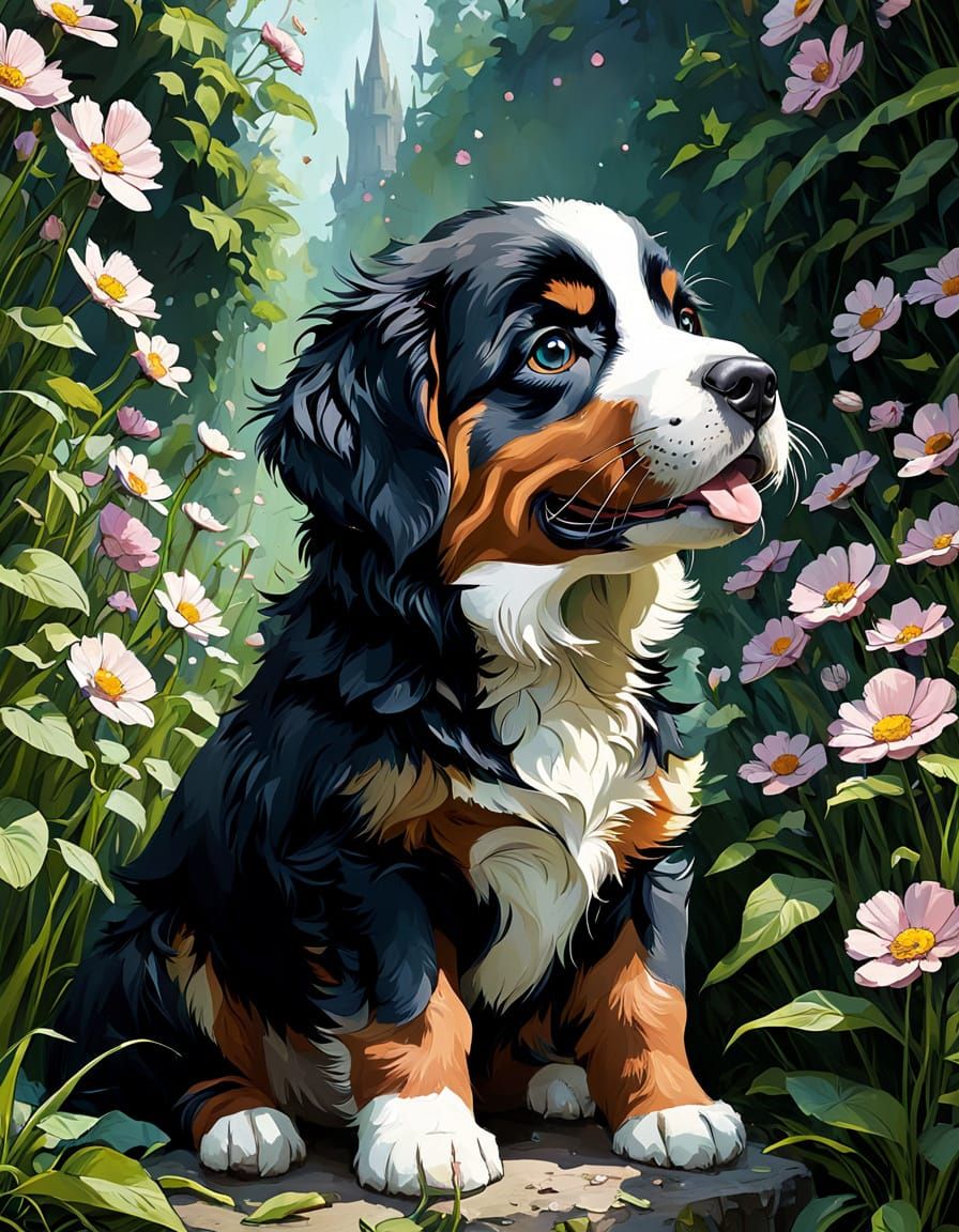 Adorable Bernese Mountain Dog Puppy in Spring Florals