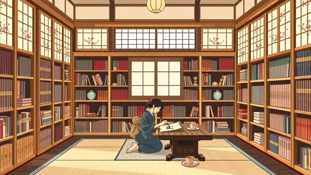 Serene Japanese Library in Ukiyo-e Style