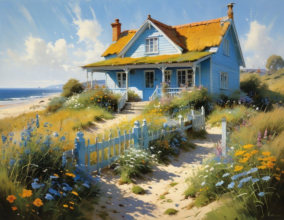 Quaint Summer Beach House Overrun by Wild Grasses and Flower...