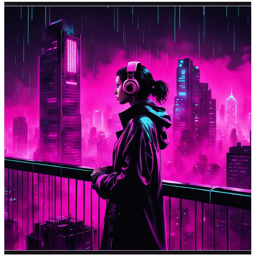 Girl Overlooking Cyberpunk City in Film Noir Style
