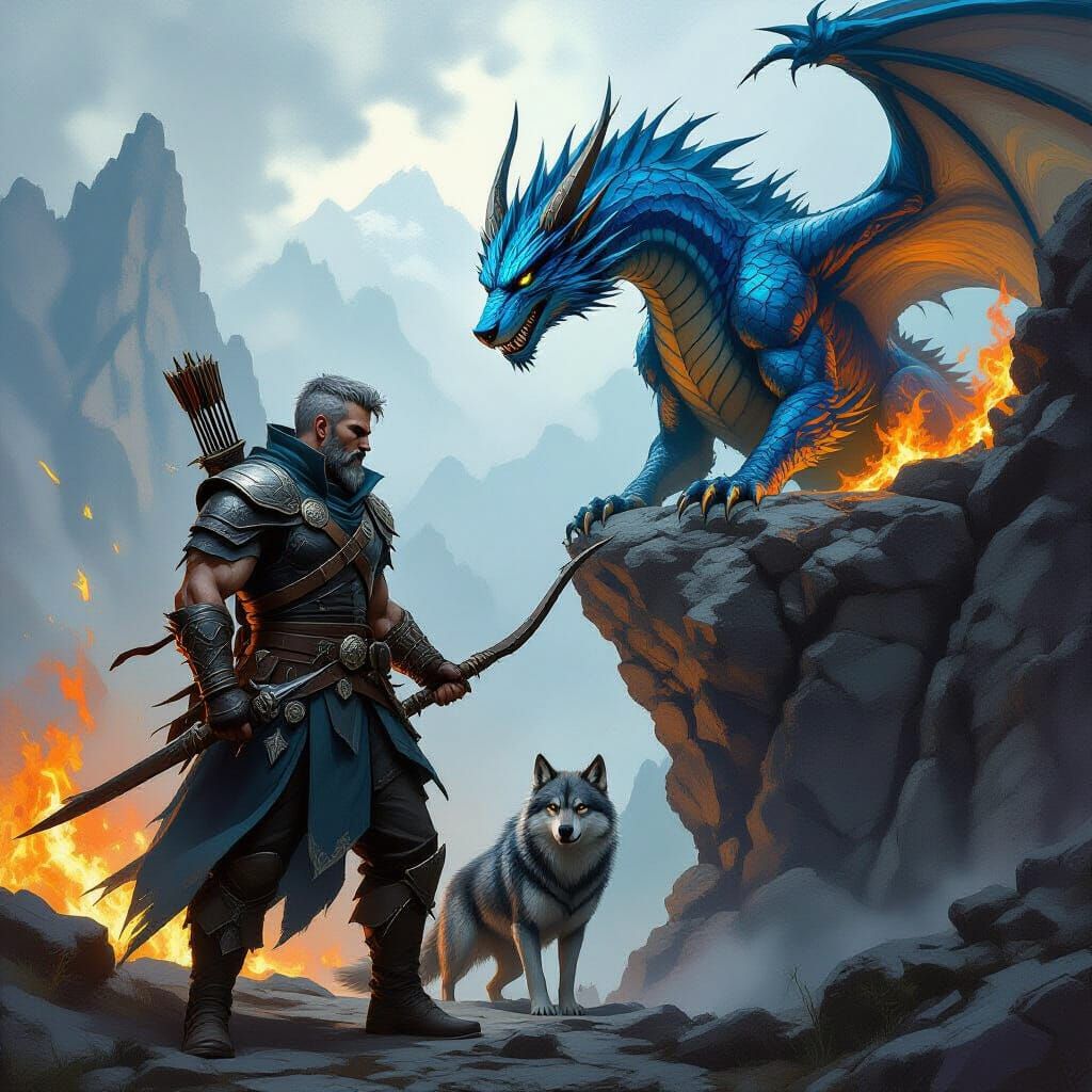 Rogue and Wolf Face Fiery Dragon in Dark Fantasy Art