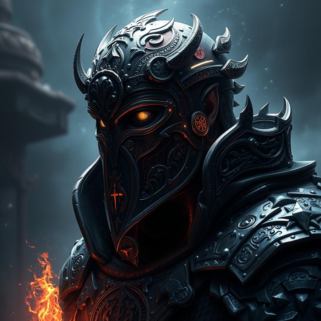 Mysterious Guardian in Ornate Armor: Dark Fantasy Portrait