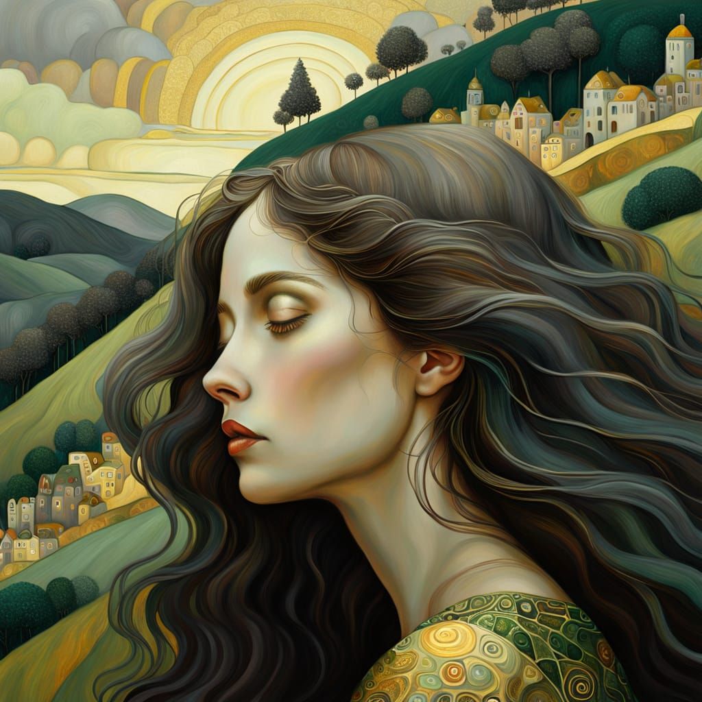 Surreal Landscape: Woman in Klimt Style Oil Painting