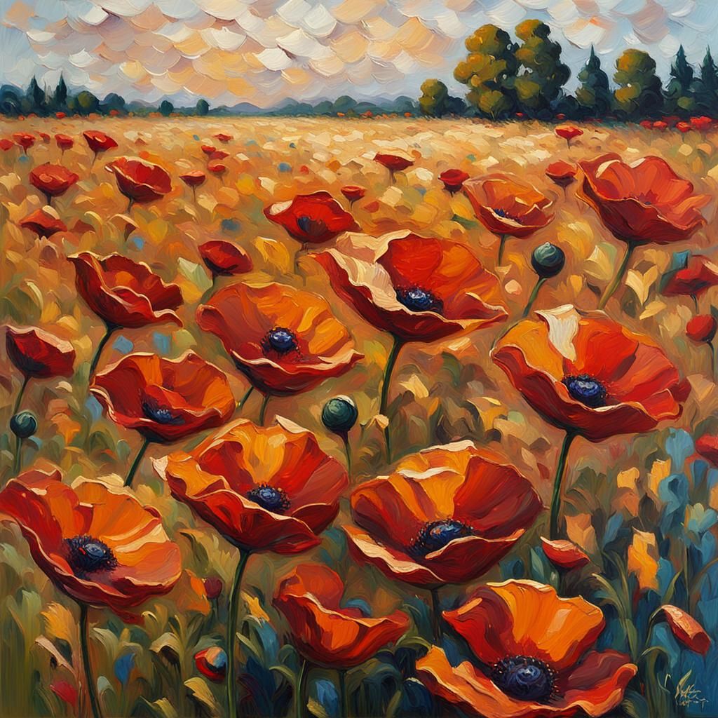 Poppy Field in Neo-Impressionist Expressionist Style