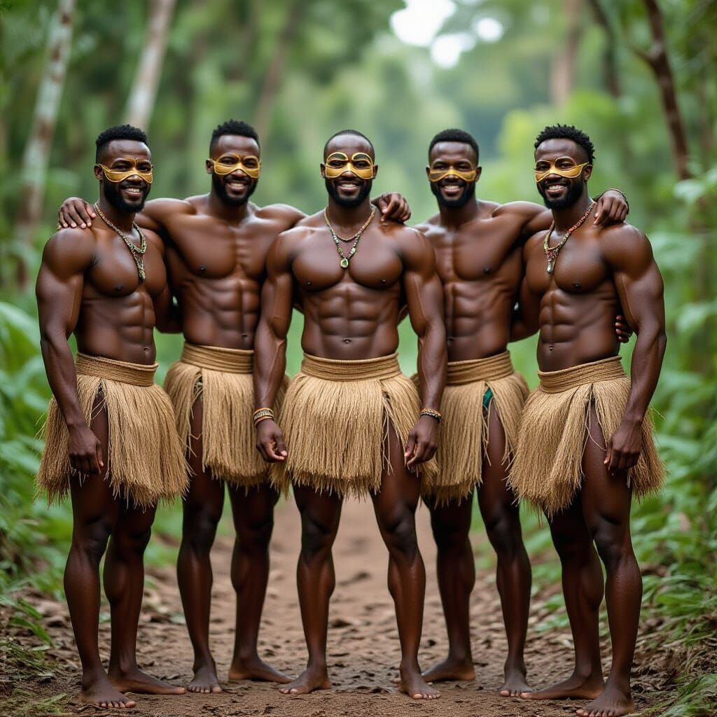 Athletic African Men in Tribal Wear Gather in Jungle