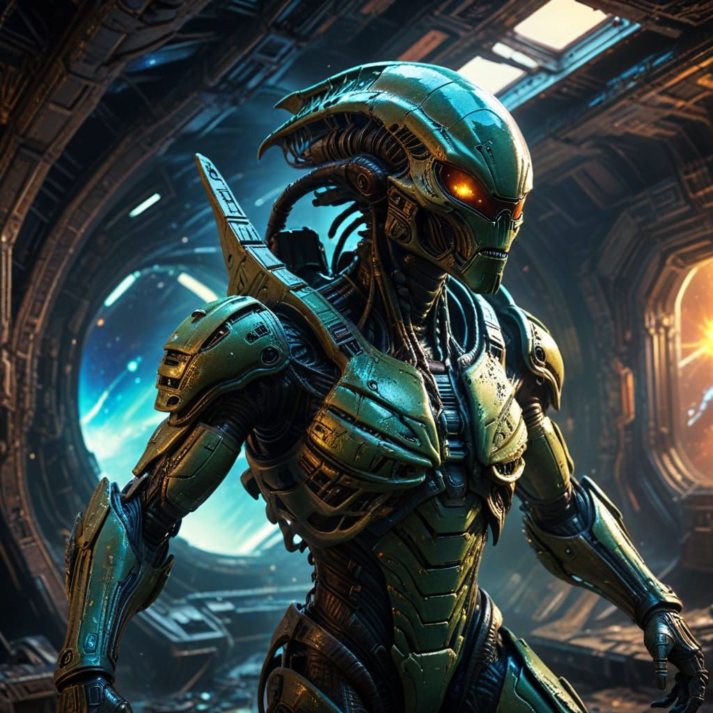 Alien Explorer in Derelict Spaceship, Hyperrealistic Splash ...