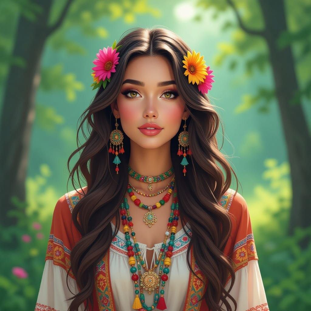 Hyperrealistic Cartoon Portrait of a Hippie Goddess in a Ser...