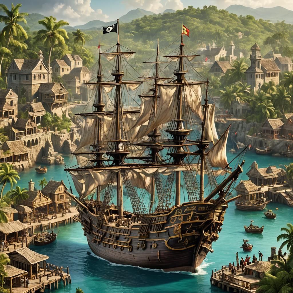 The impressive pirate ship 'Satisfaction' anchored before th...