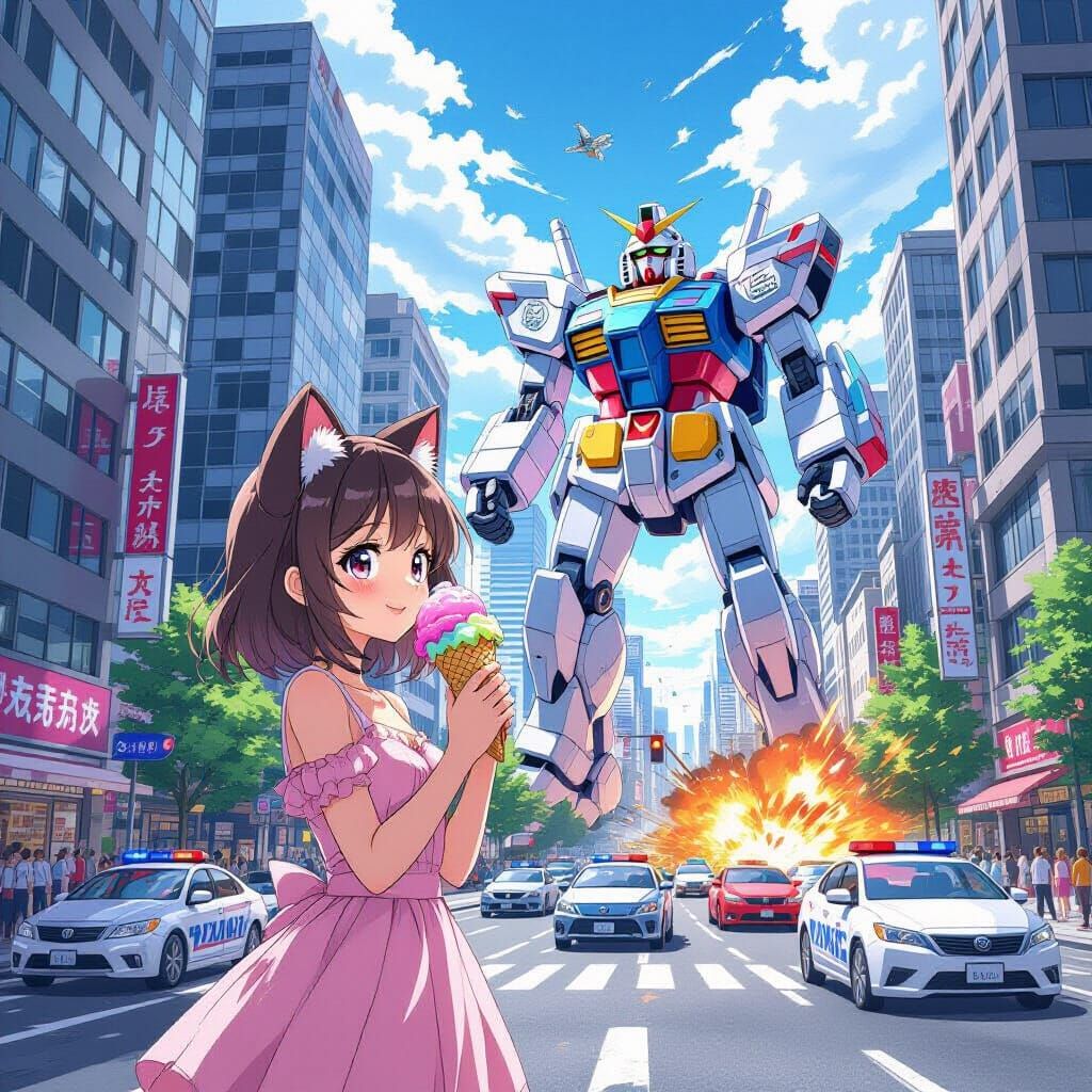 Anime Girl with Cat Ears in Rampaging City