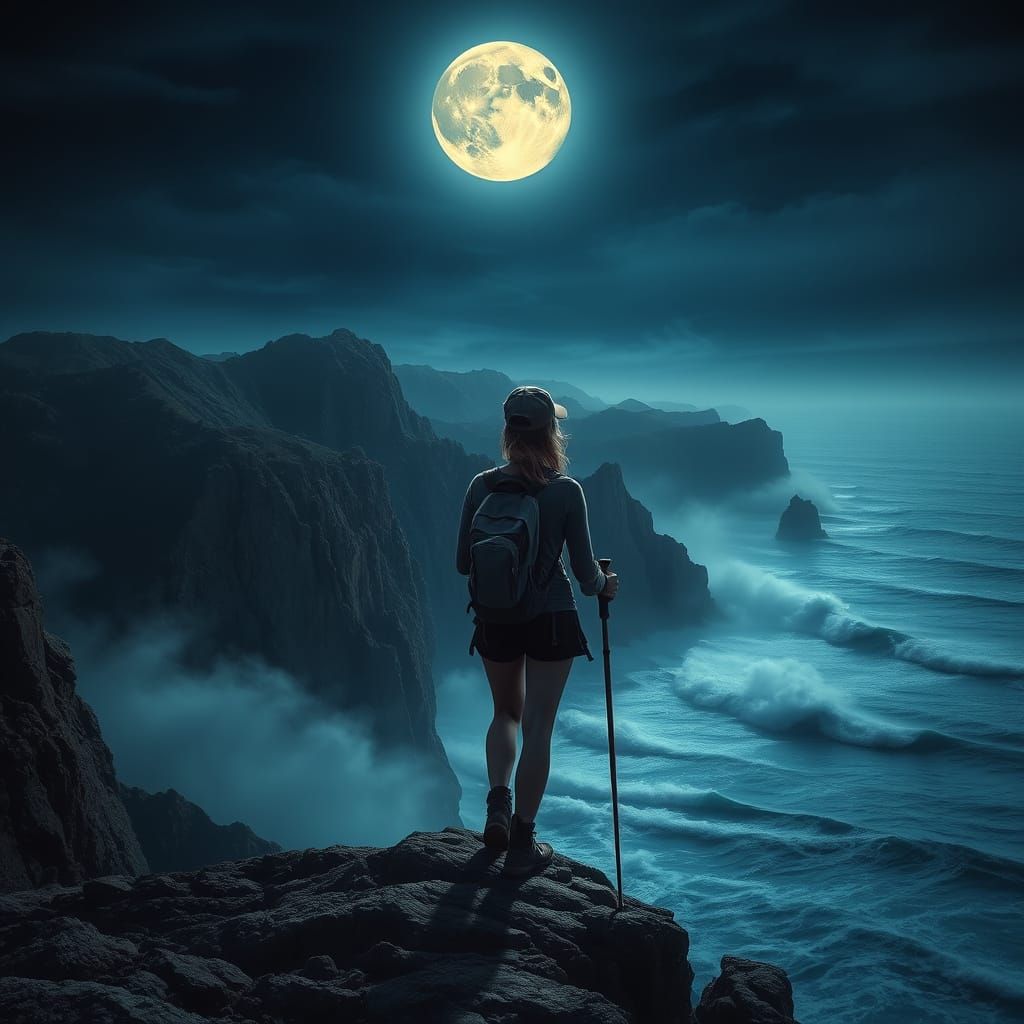 Ethereal Moonlit Hiker on Mountain Cliff
