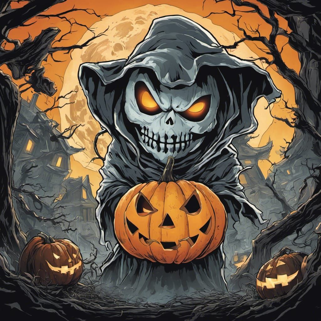 Cartoon Jack-o'-Lantern and Ghost on Halloween