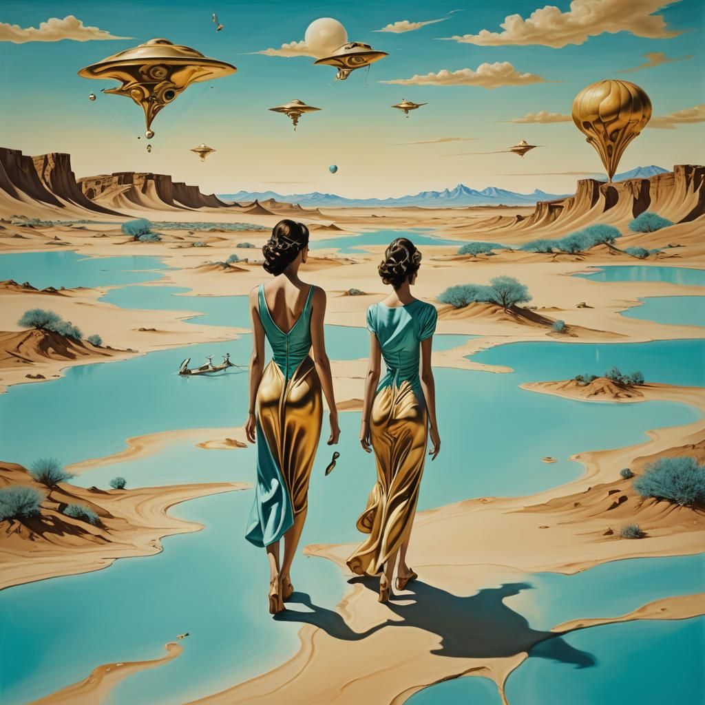 Salvador Dali Style Surreal Dreamscape with Desert Oasis