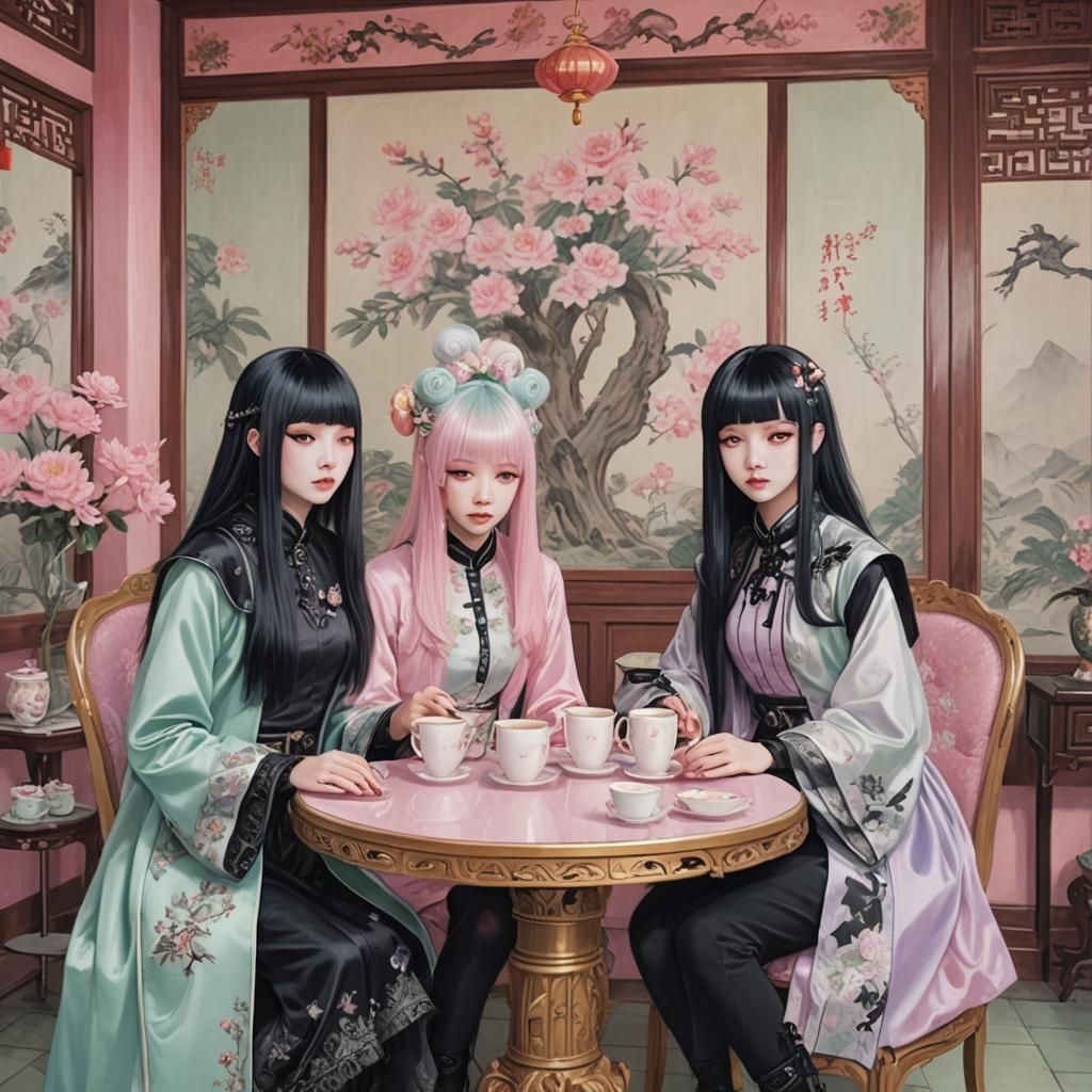 Pastel Goths Enjoying Coffee in Chinese Room