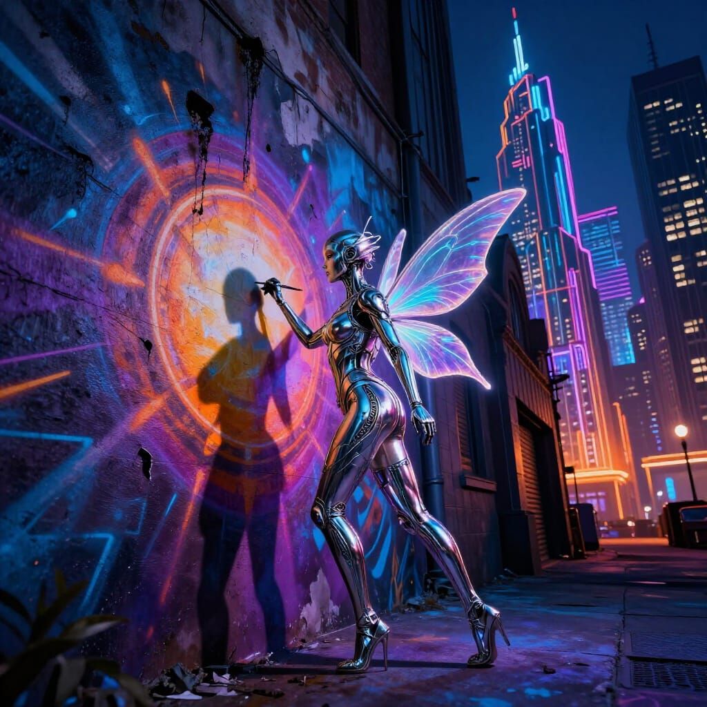 Cyborg Fairy Creates Cyberpunk Art Deco Mural