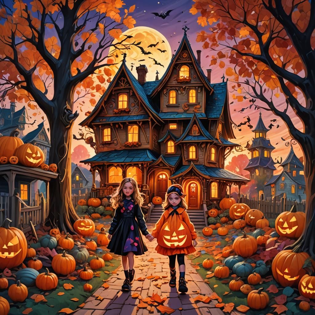 Halloween House with Kids: Whimsical Fantasy Art
