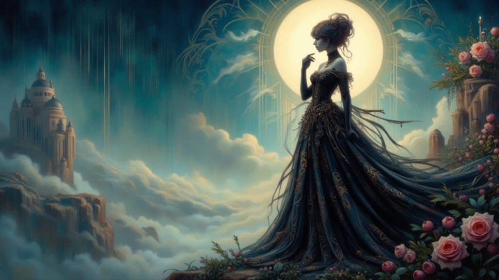 Moonlit Woman in Gown: Art Nouveau Digital Painting