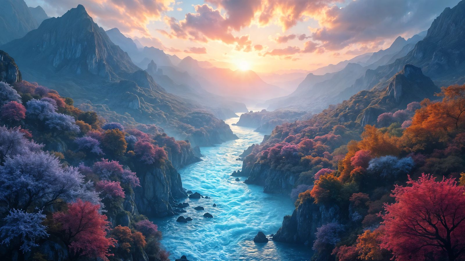 Exotic Four Seasons Landscape with Luminescent Flora