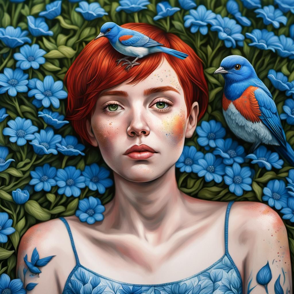 Hyperrealistic Woman in Blue Flower Field: Graffiti Art