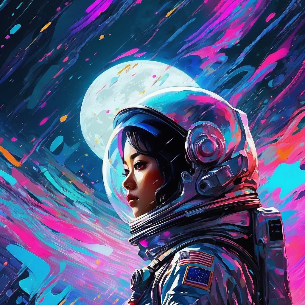 Glitched Alien Astronaut Girl in Moonlit Foil Print