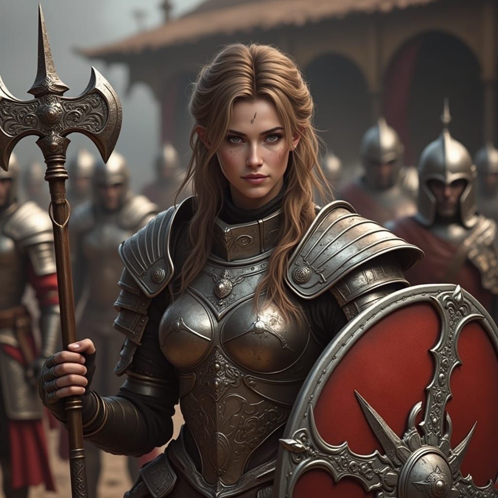 Female Warrior Training with Warhammer and Shield