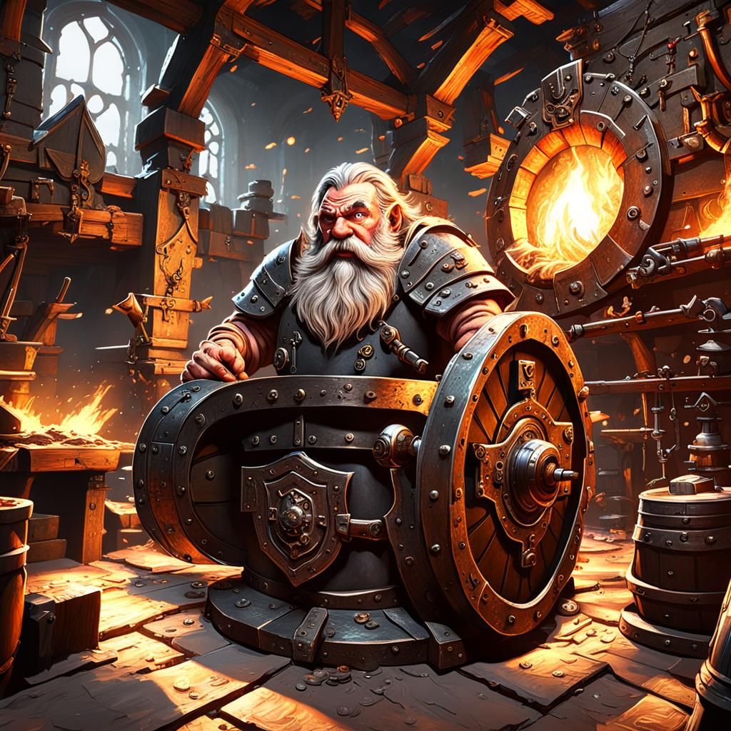 Dwarf Blacksmith Forging Arcane Shield, Dark Fantasy Art
