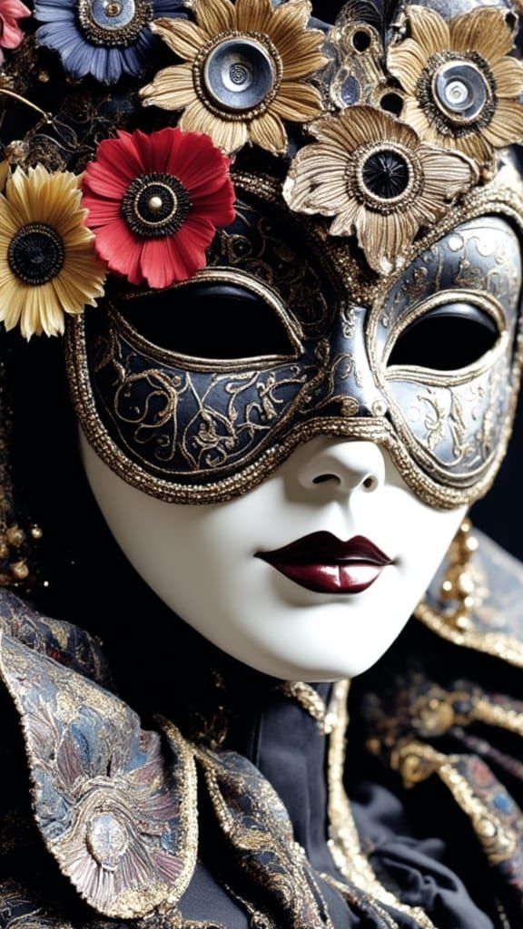 Iridescent Beaded Carnival Masks in Psychedelic Collage Styl...