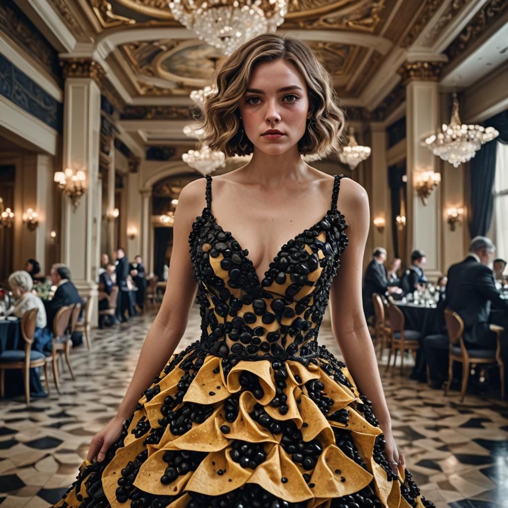 Woman in Nacho Gown in Ballroom, Hyperrealistic HDR