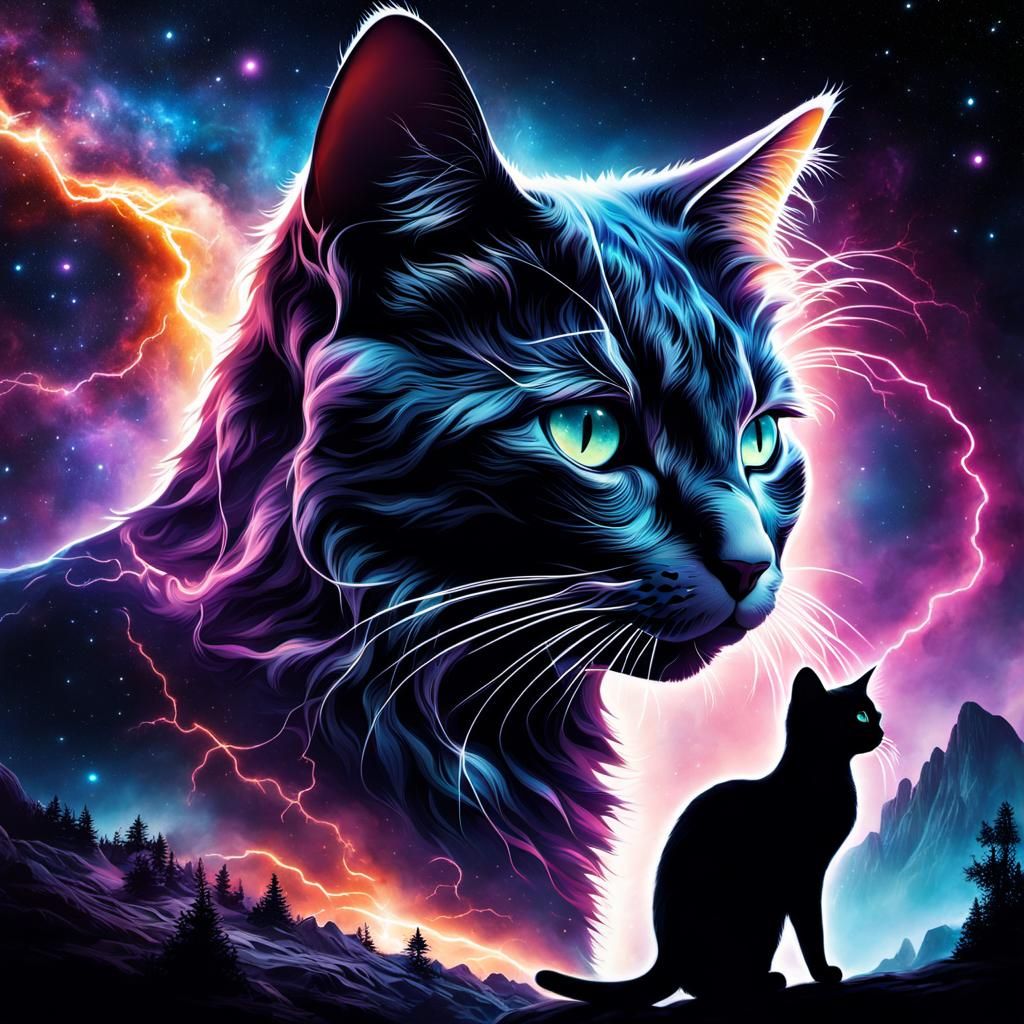 Surreal Cat Silhouette in Cosmic Galaxy