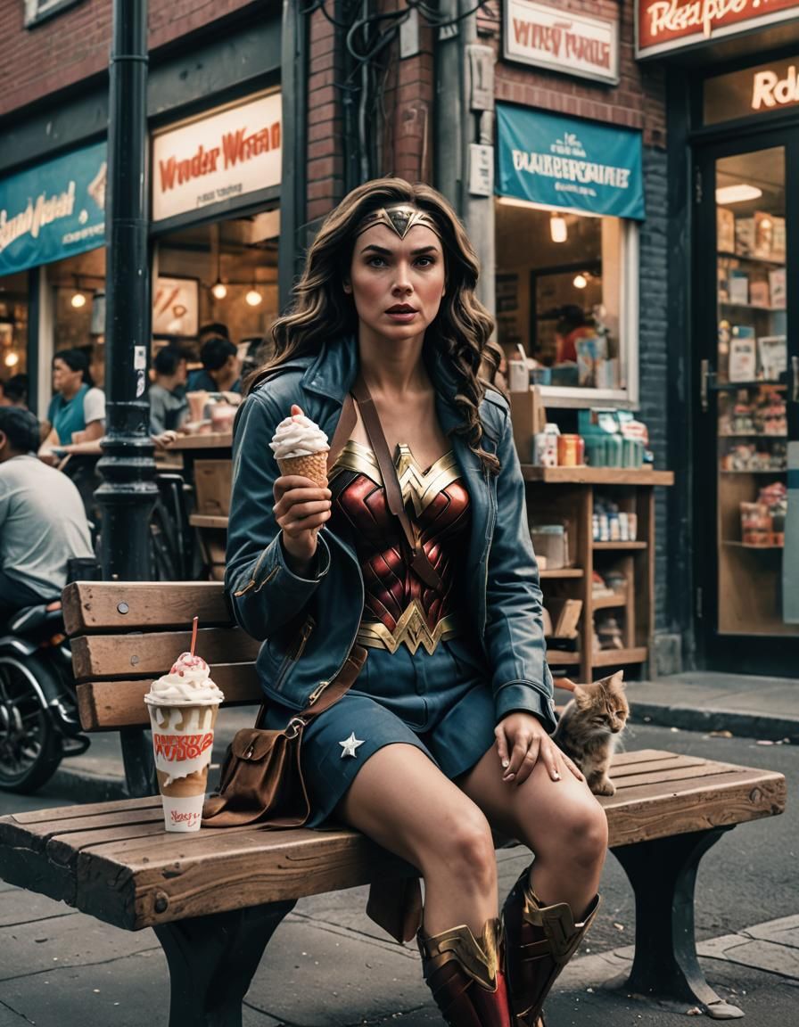 Realistic image of Wonder Woman eating an ice cream.