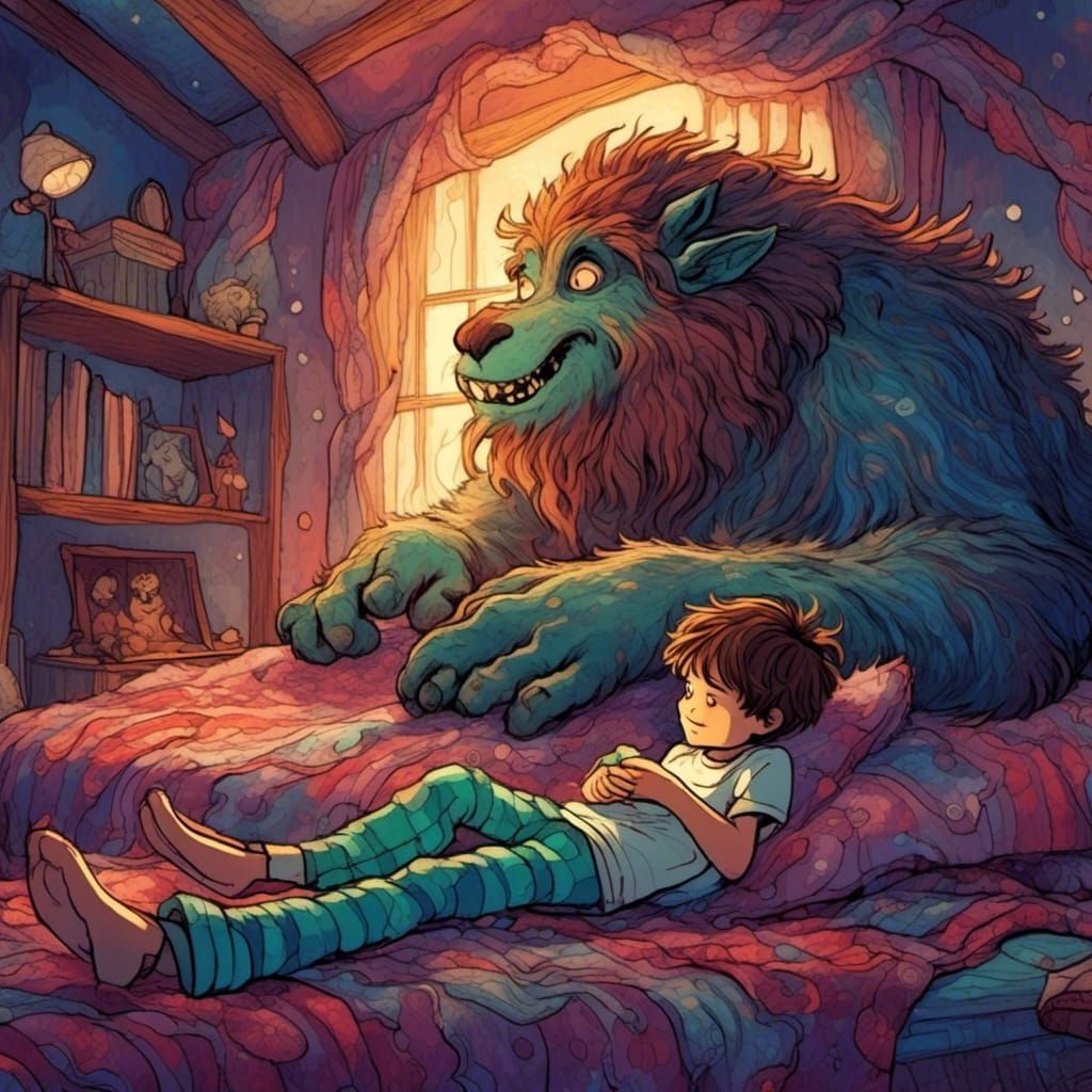<lora:SybilThorn-LORA3:1.0> a little boy making friends with the monster under his bed