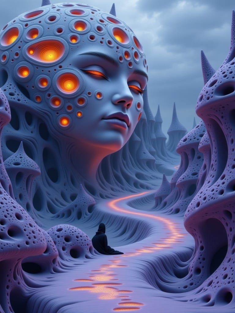 Surreal Cosmic Landscape with Golden Orb Masks and a Contemp...