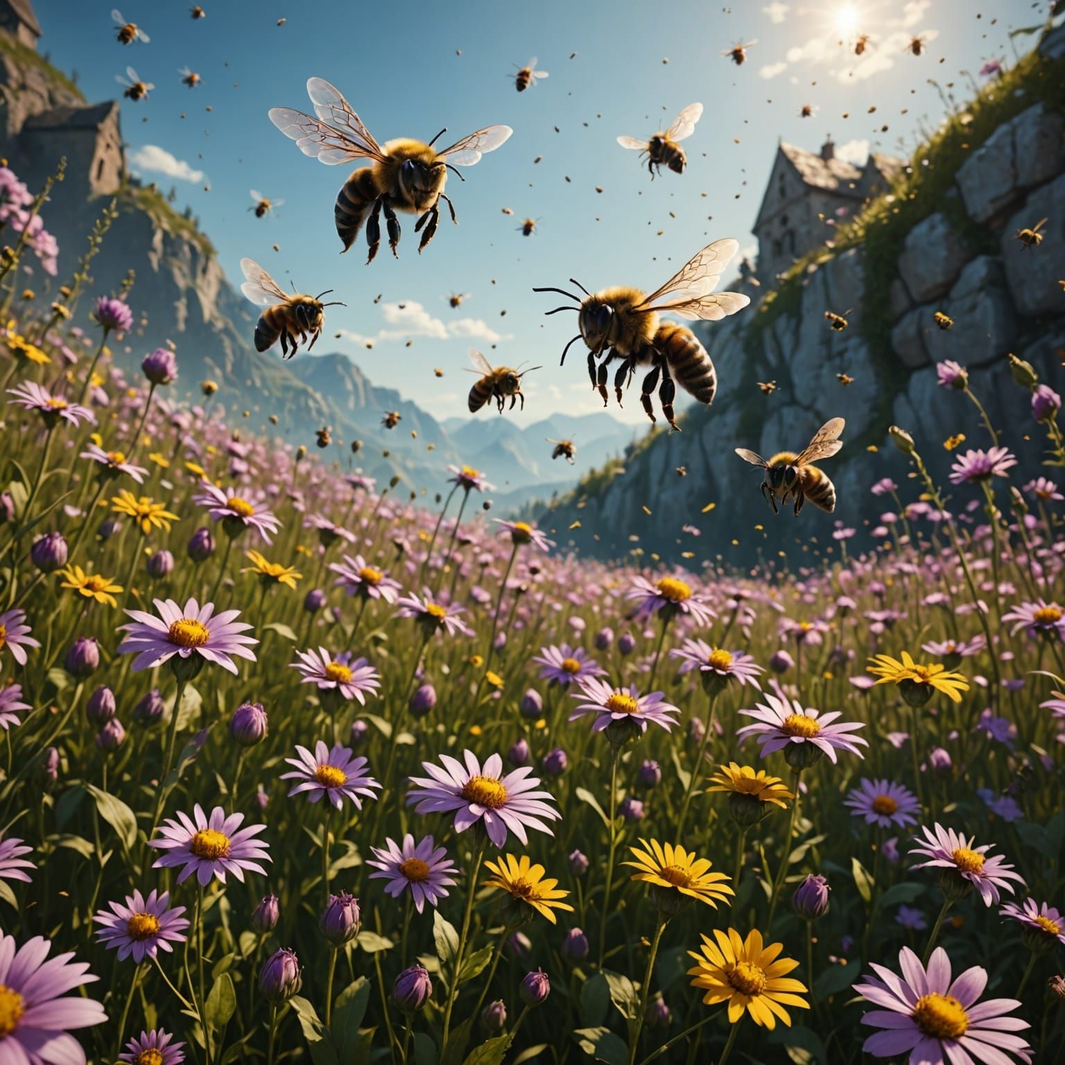 Bees Dancing in a Vibrant Floral Wonderland
