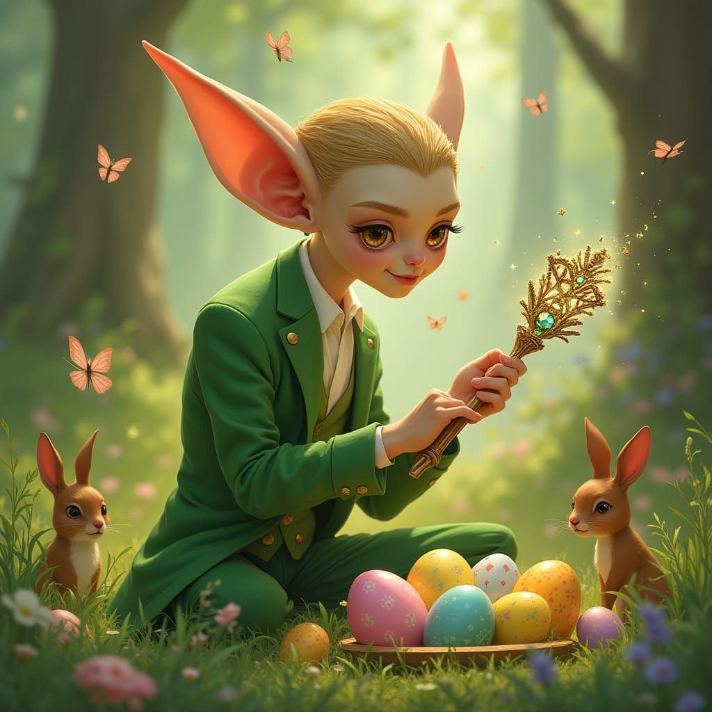 Whimsical Elf Crafts Easter Eggs in Enchanted Forest
