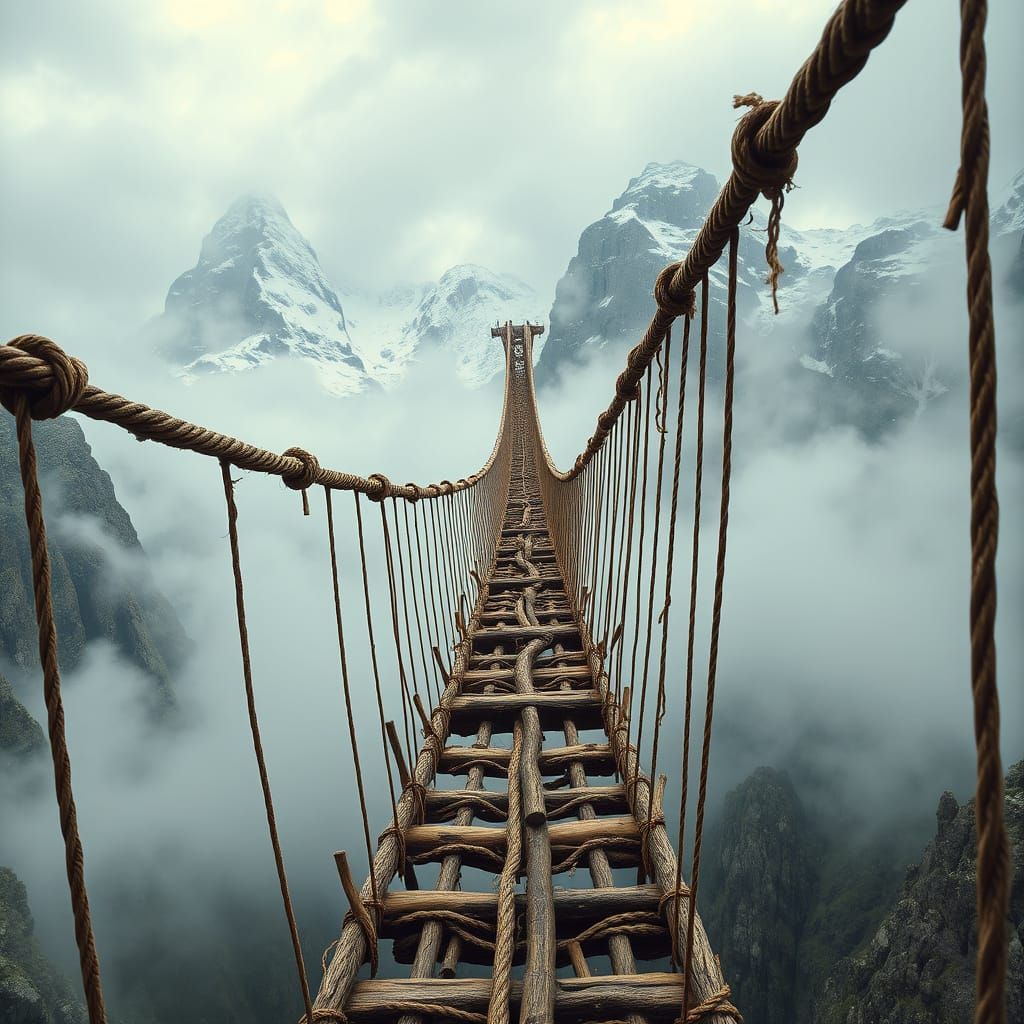Weathered Rope Bridge Suspended Over Majestic Mountain Peaks