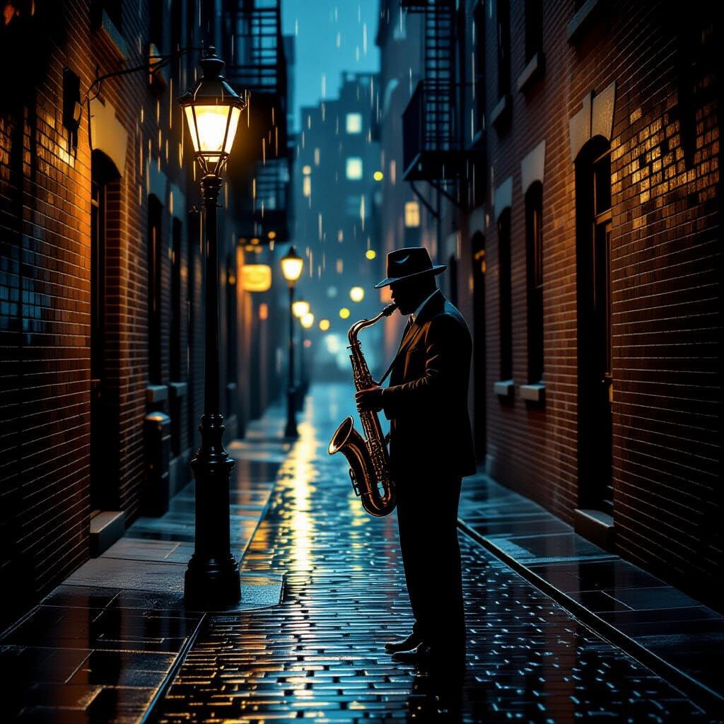 Jazz Musician in Rainy Alleyway, Painterly Realism