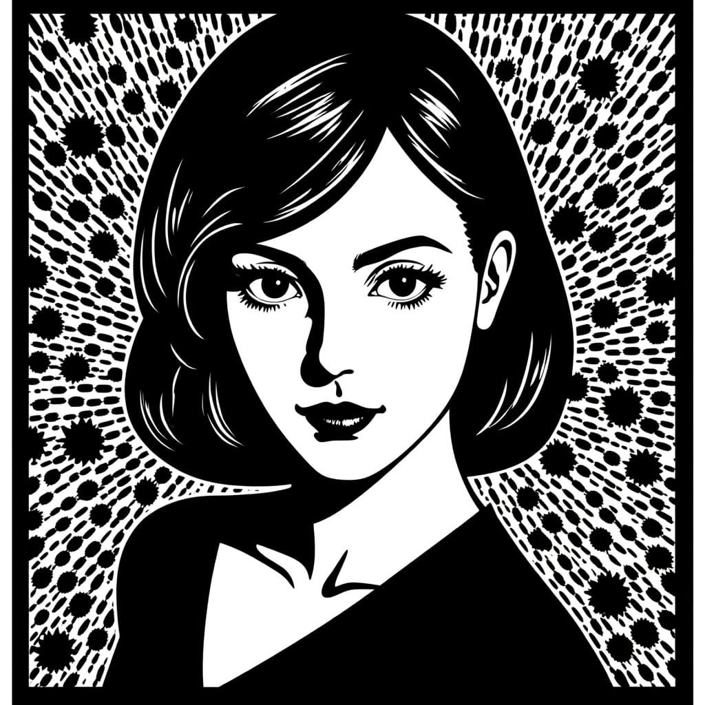 Woman in Bold Linocut Style with Geometric Background