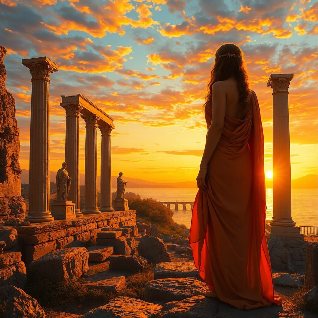 Ancient Greek Ruins Silhouetted Against a Vibrant Sunset Sea...