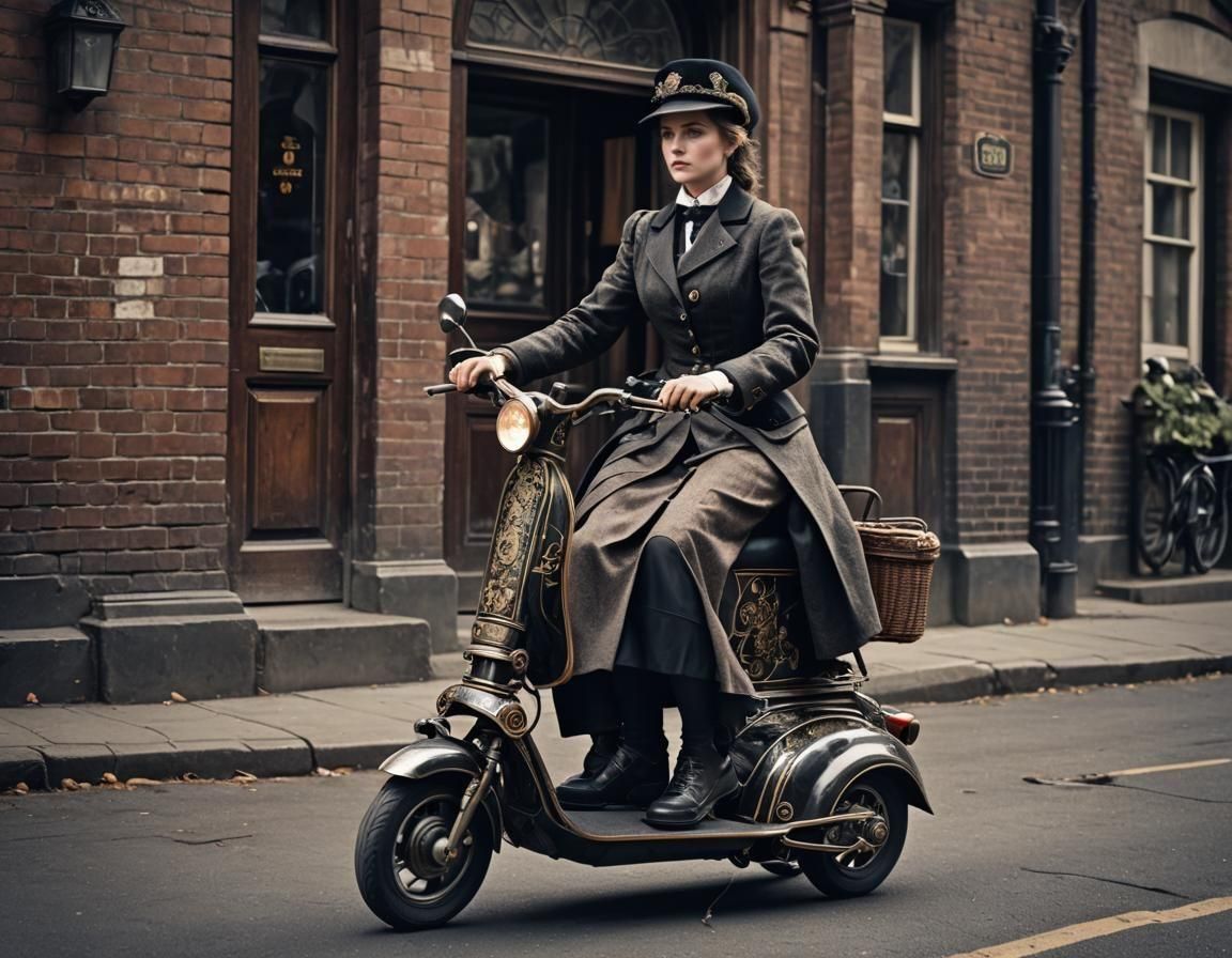 Victorian Woman on Electric Scooter, Hyperrealistic HDR