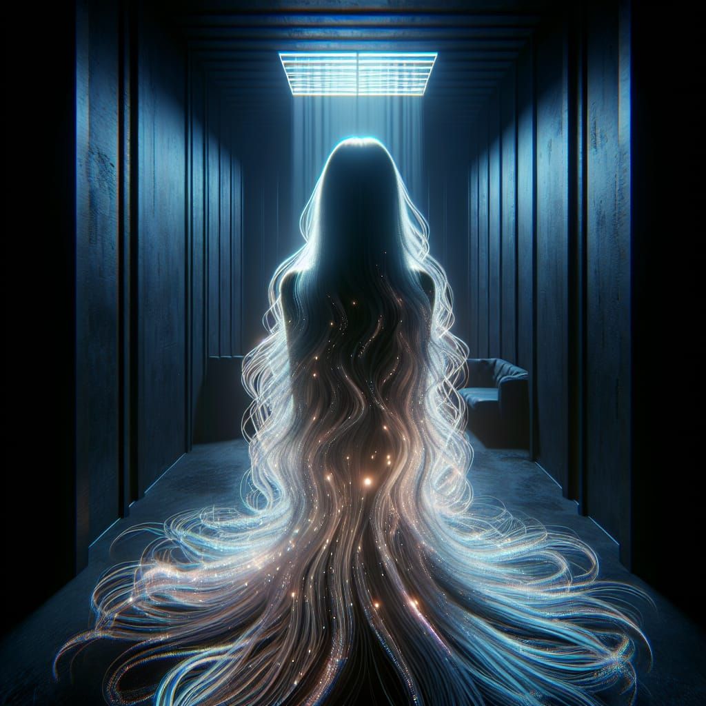 Neon White Hair in Dark Room, Hyperrealistic HDR