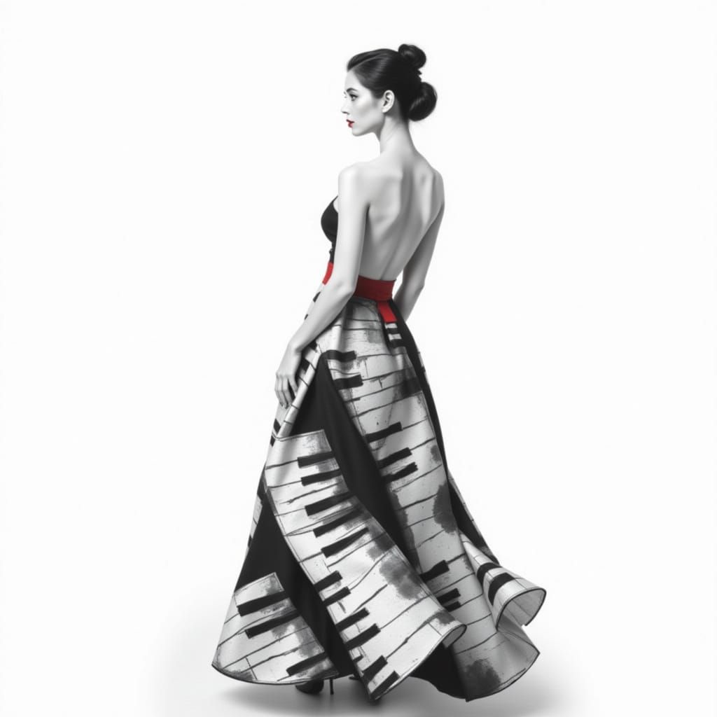 Elegant Woman in Keyboard Dress, Ink and Watercolor