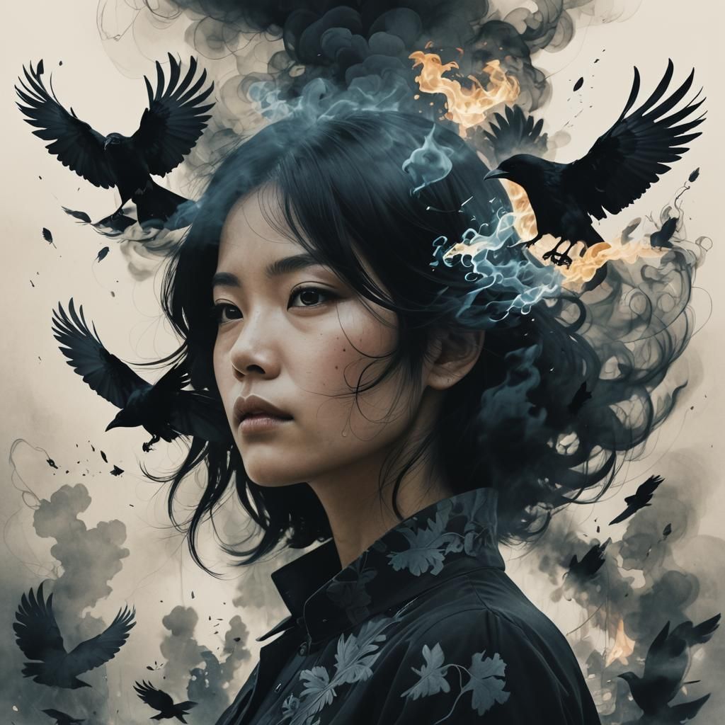 Ethereal Woman with Crow in Surreal Double Exposure