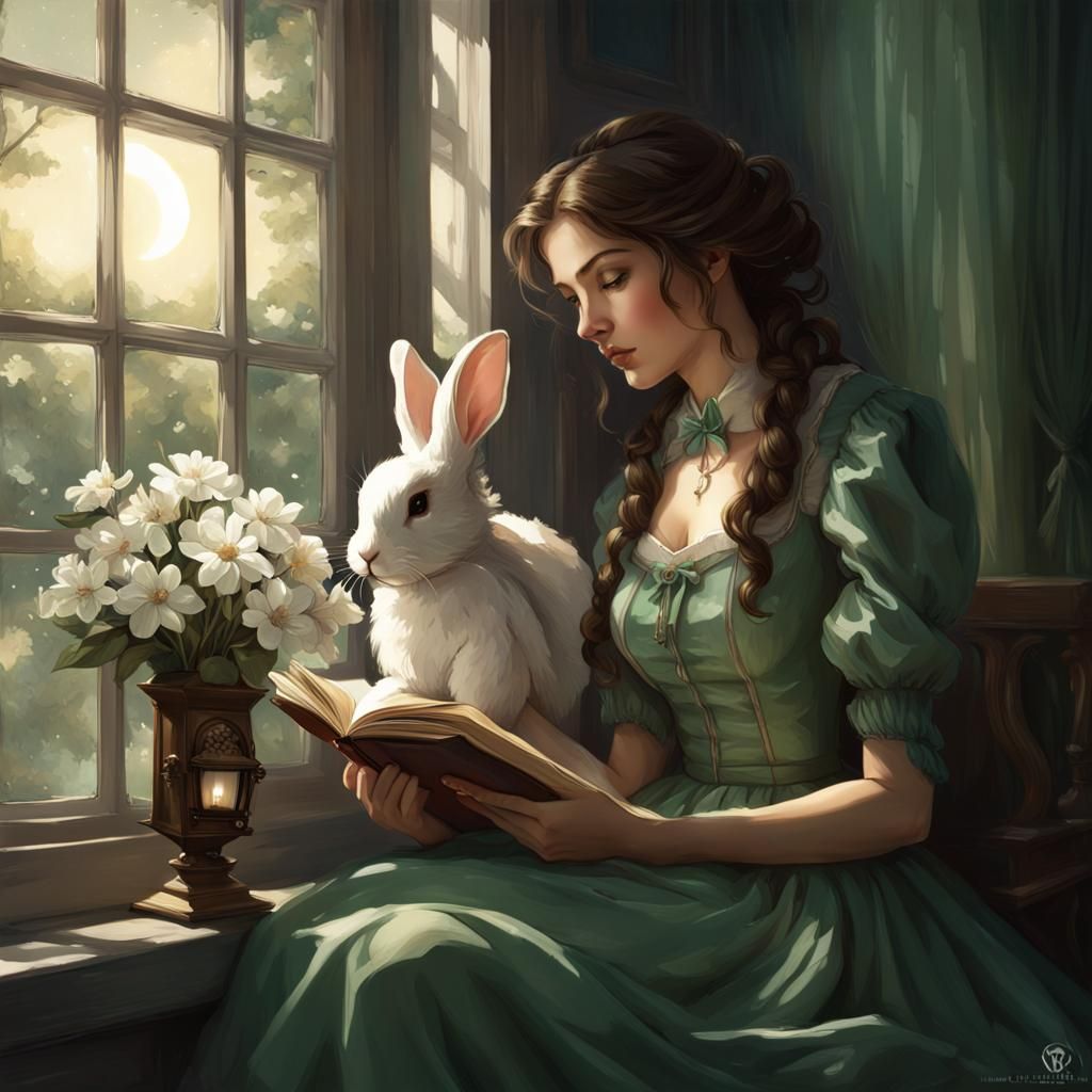 Victorian Girl Reading with Rabbit, Digital Art
