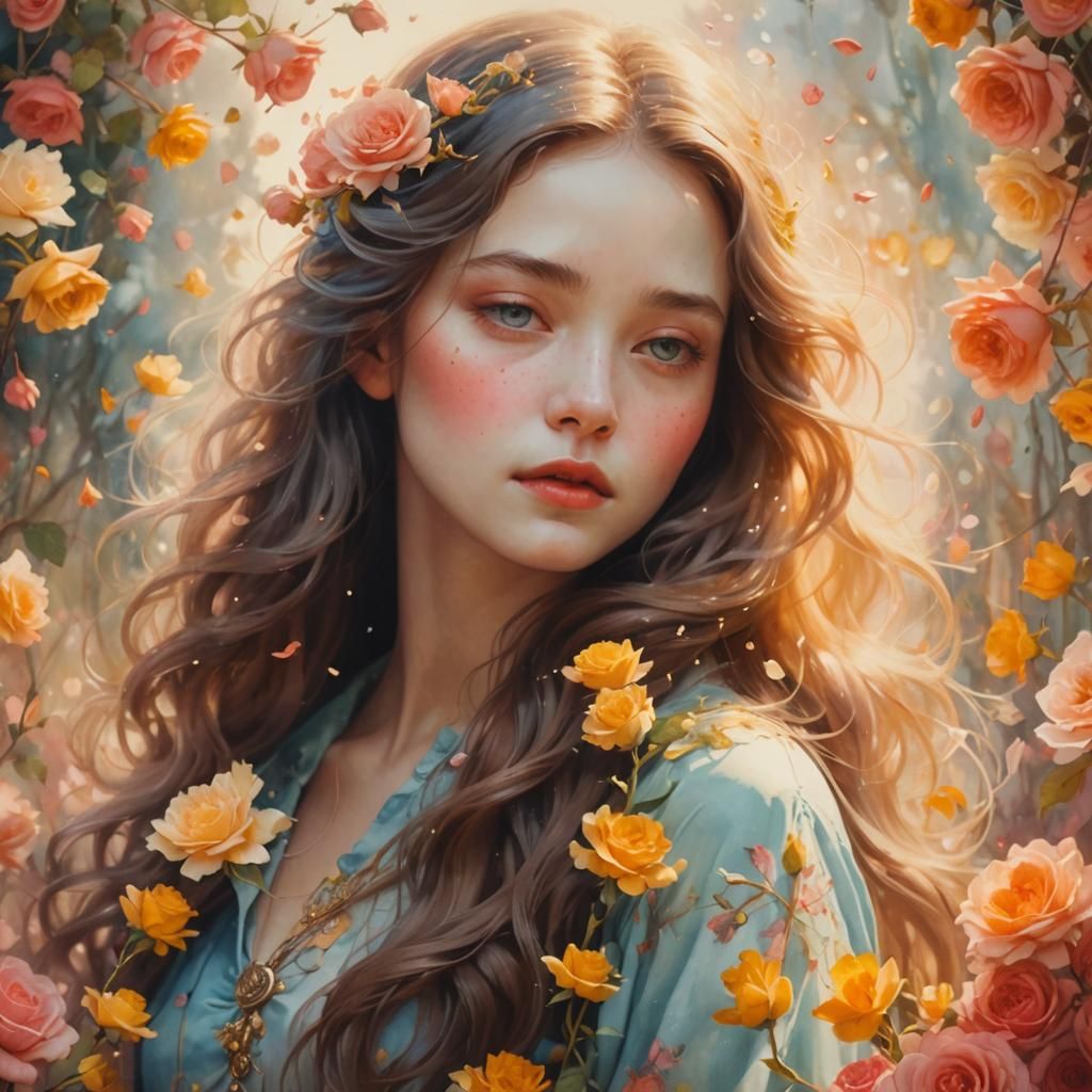 Ethereal Woman Creates Roses in Watercolor Style