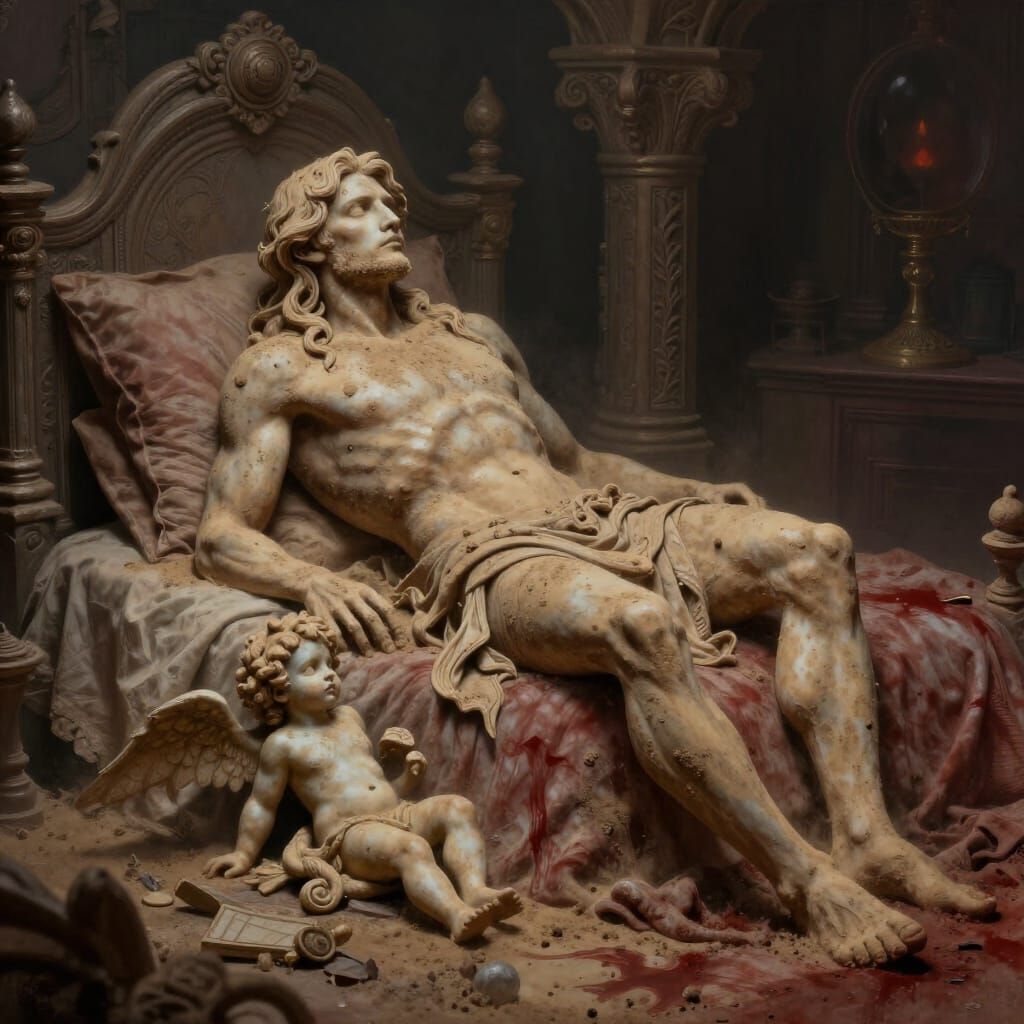 Man of Dust Rises from Blood, Watched by Sad Cupid