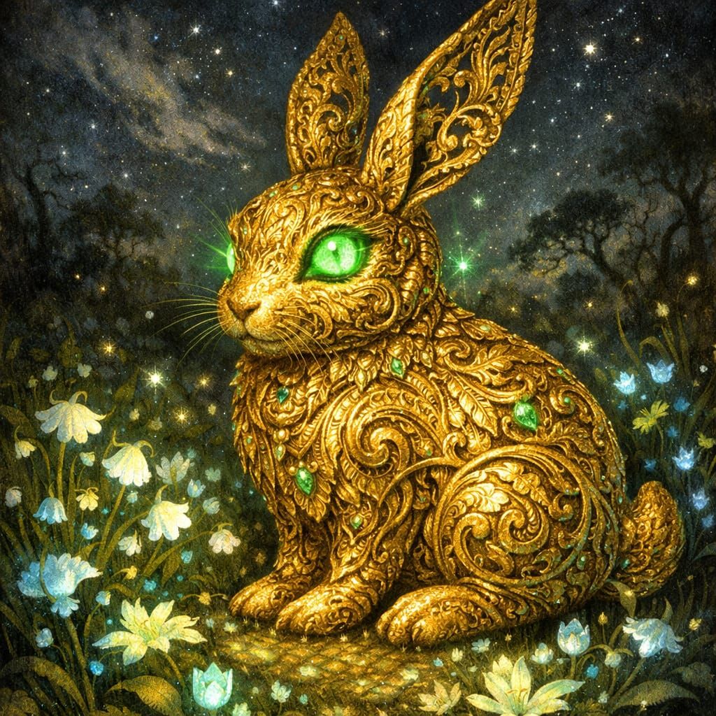 Mystical Golden Rabbit Among Bioluminescent Flowers