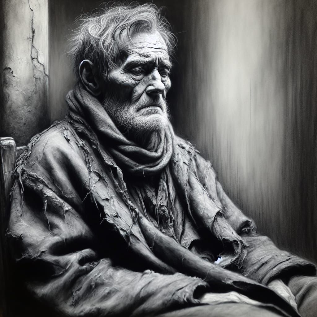 Poignant Charcoal Sketch of Elderly Man in Sorrow