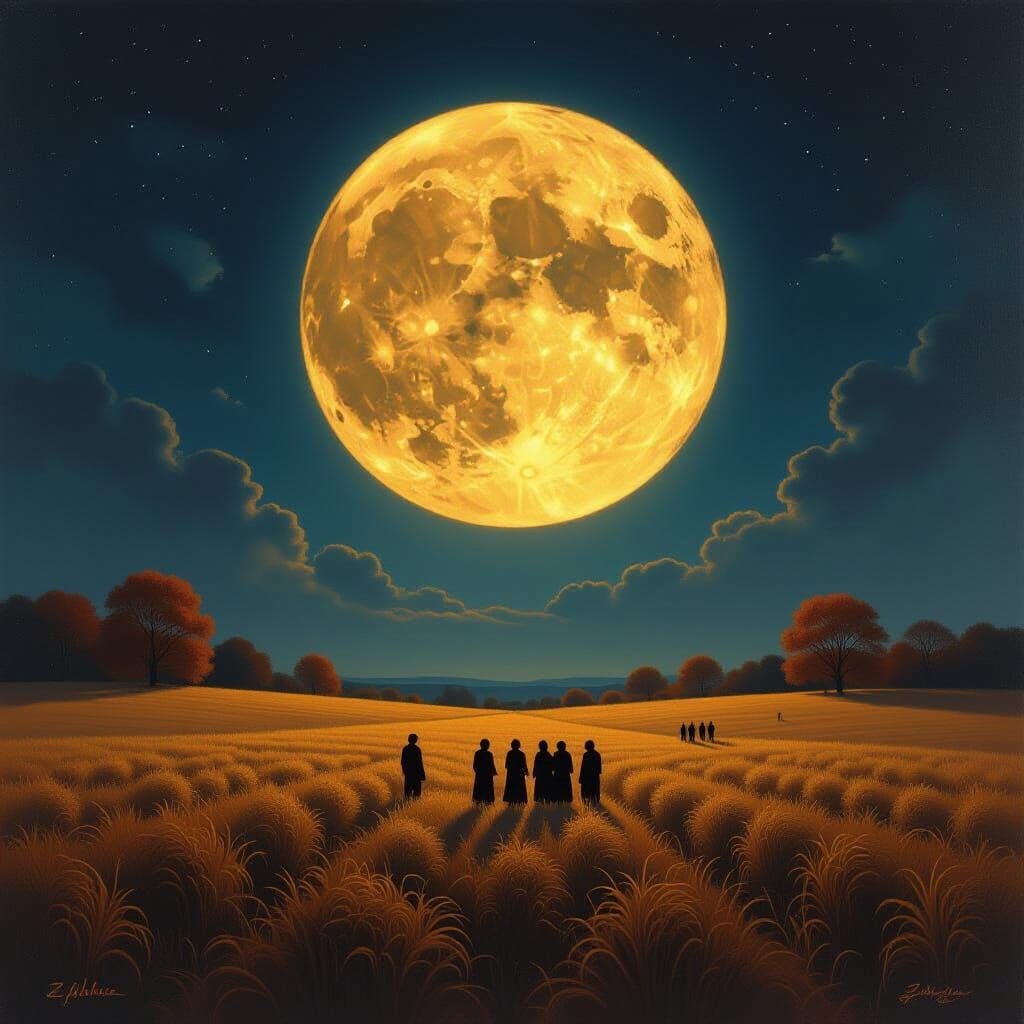 Surreal Autumn Night Oil Painting of Giant Golden Moon